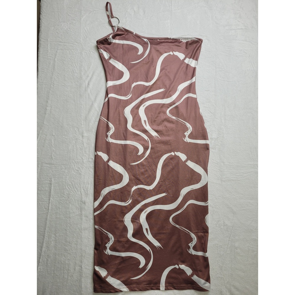 NWT KOLLYY Midi Dress Women Large Brown One Shoulder Swirl Print Bodycon